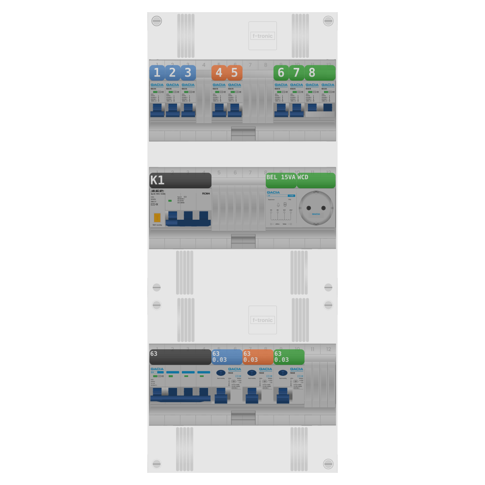 Groepenkast PV-ready 63A 3 fase 7 groepen + beltrafo + wcd + kookgroep + kracht