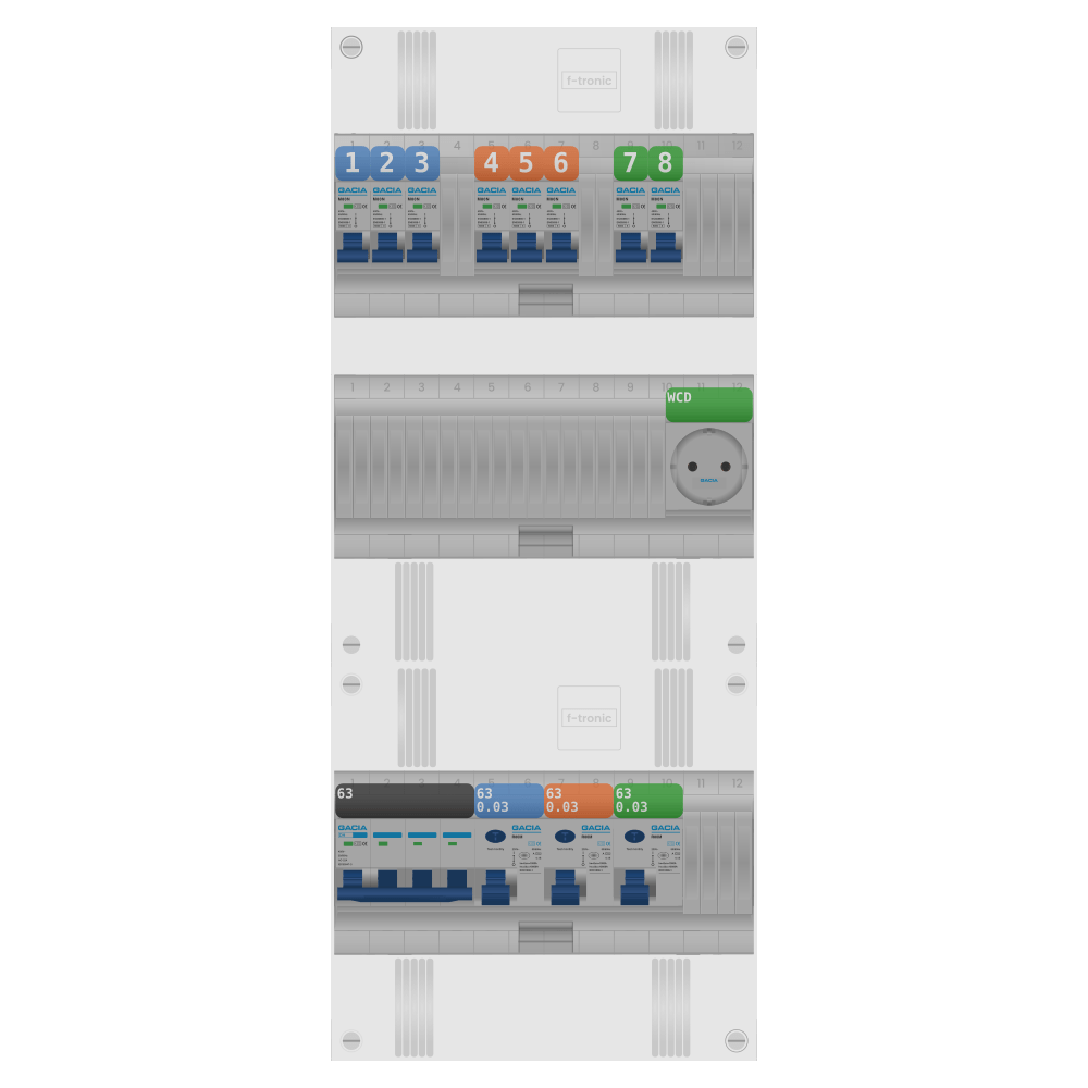 Groepenkast PV-ready 63A 3 fase 8 groepen + wcd