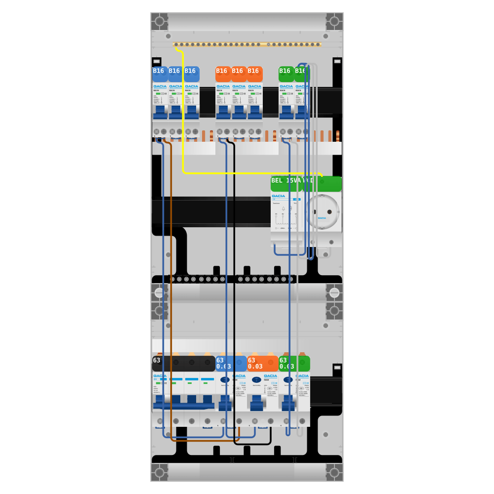 Groepenkast PV-ready 63A 3 fase 8 groepen + beltrafo + wcd