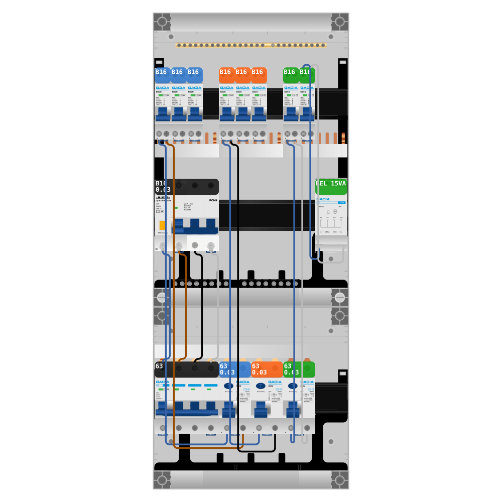Groepenkast PV-ready 63A 3 fase 8 groepen + beltrafo + kracht