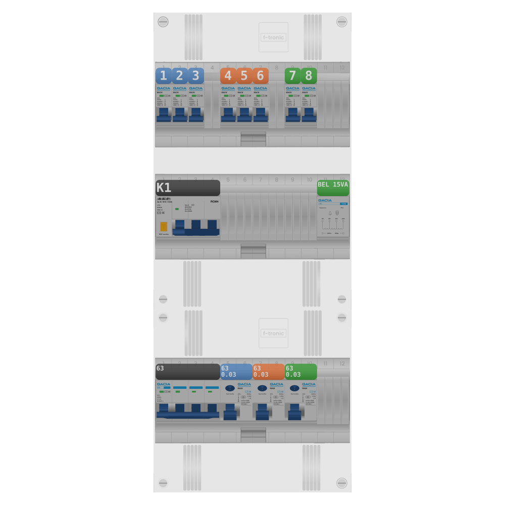 Groepenkast PV-ready 63A 3 fase 8 groepen + beltrafo + kracht