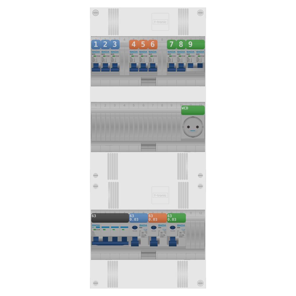 Groepenkast PV-ready 63A 3 fase 8 groepen + wcd + kookgroep