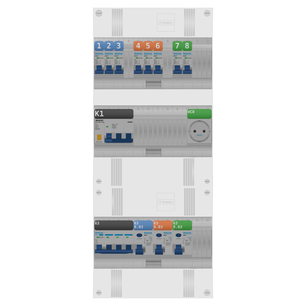 Groepenkast PV-ready 63A 3 fase 8 groepen + wcd + kracht