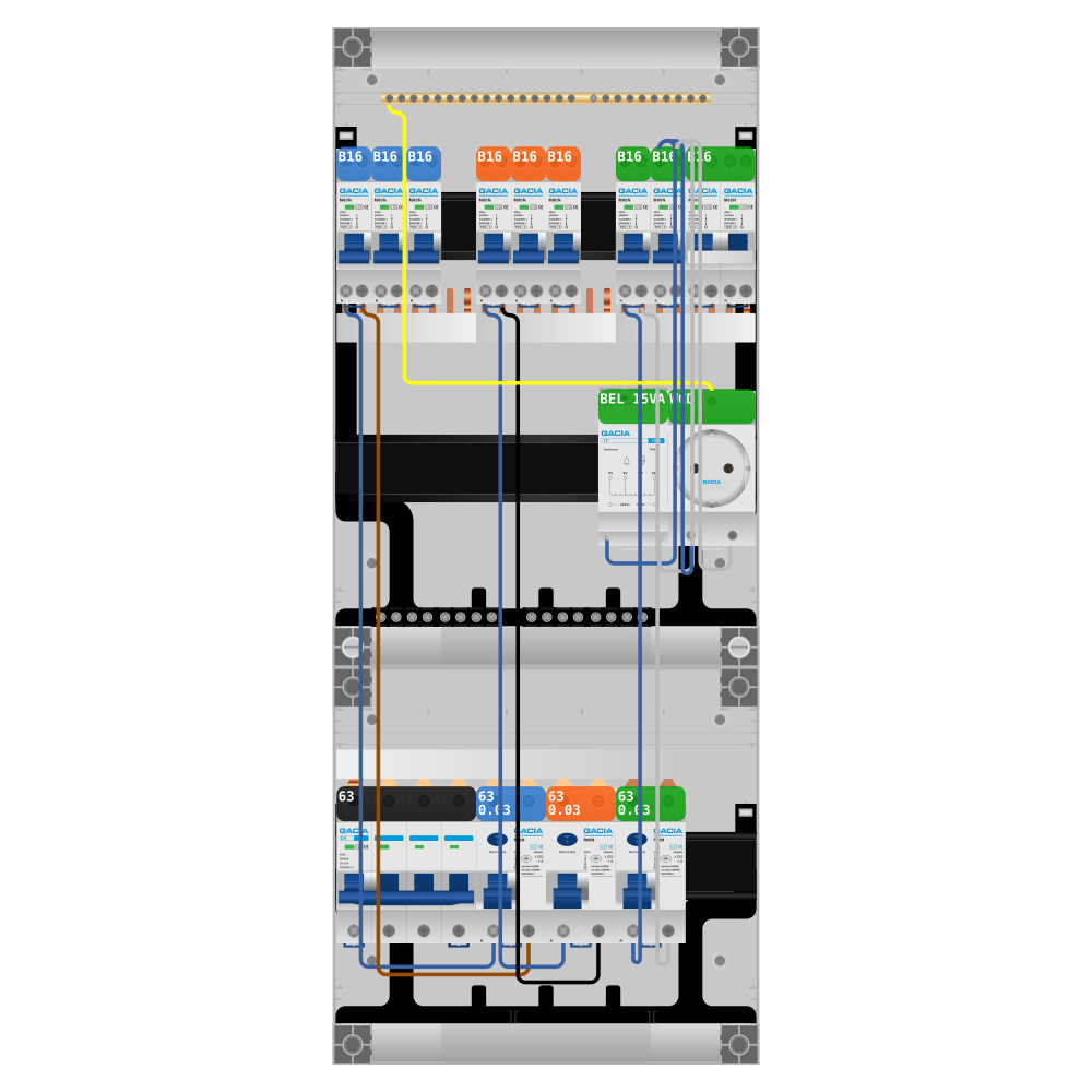 Groepenkast PV-ready 63A 3 fase 8 groepen + beltrafo + wcd + kookgroep