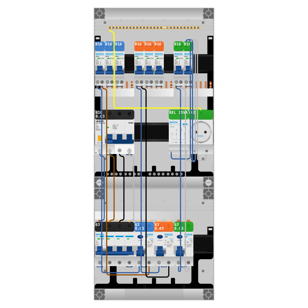 Groepenkast PV-ready 63A 3 fase 8 groepen + beltrafo + wcd + kracht