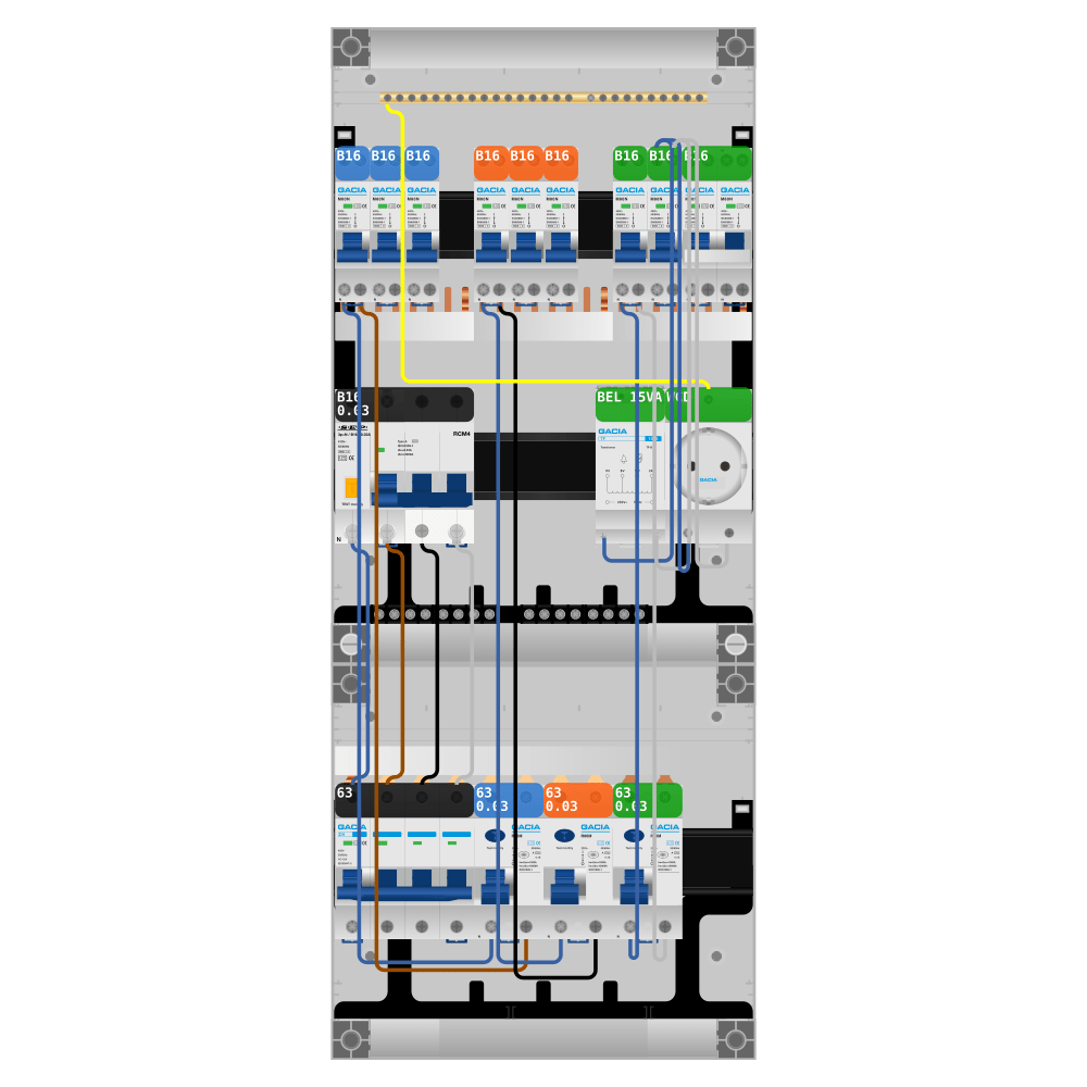 Groepenkast PV-ready 63A 3 fase 8 groepen + beltrafo + wcd + kookgroep + kracht