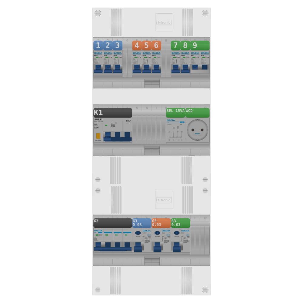 Groepenkast PV-ready 63A 3 fase 8 groepen + beltrafo + wcd + kookgroep + kracht