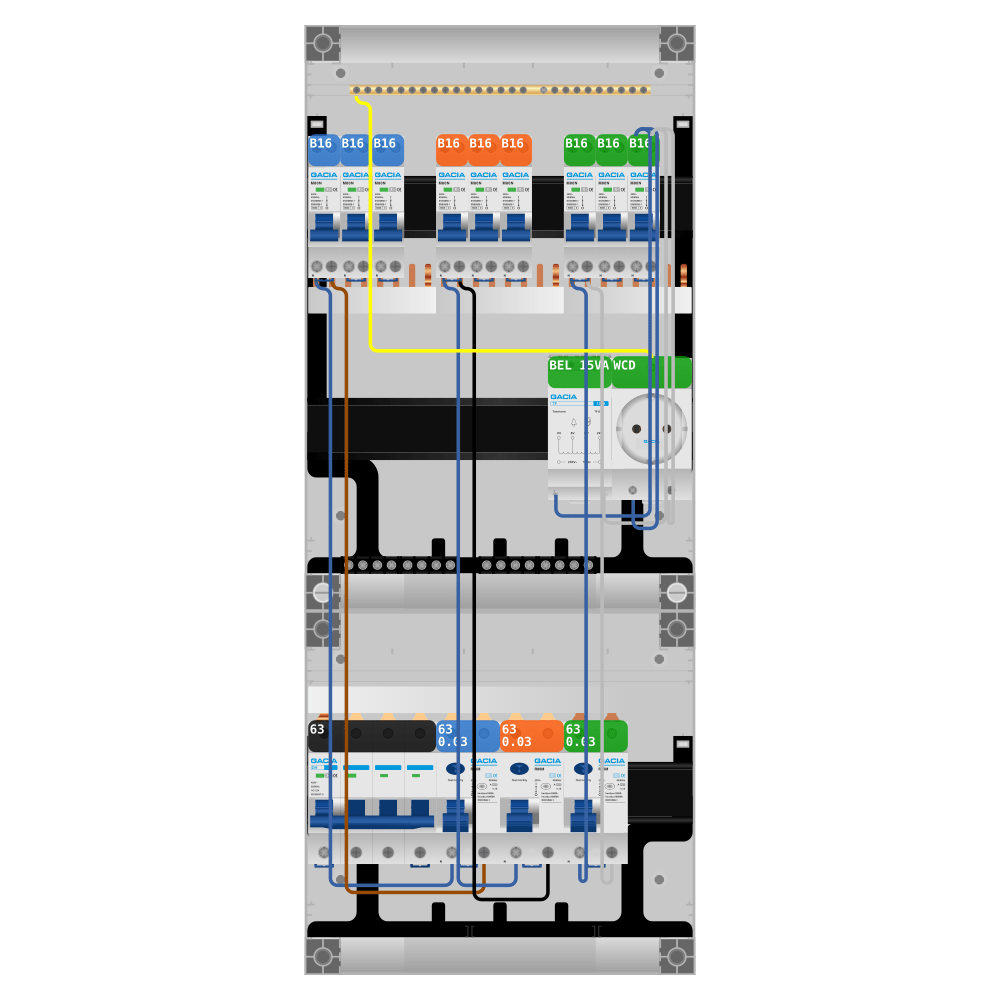 Groepenkast PV-ready 63A 3 fase 9 groepen + beltrafo + wcd