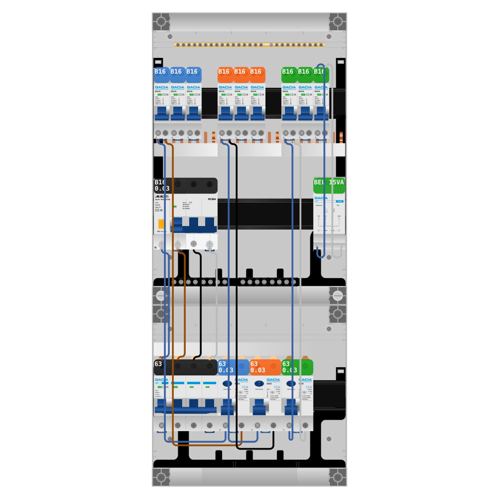 Groepenkast PV-ready 63A 3 fase 9 groepen + beltrafo + kracht
