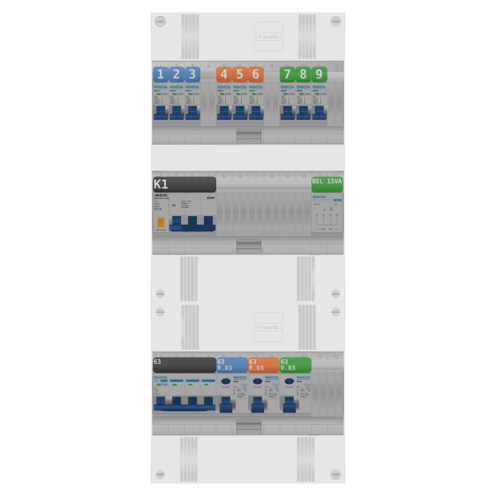 Groepenkast PV-ready 63A 3 fase 9 groepen + beltrafo + kracht