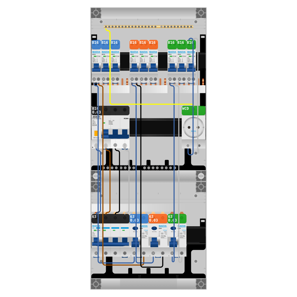 Groepenkast PV-ready 63A 3 fase 9 groepen + wcd + kracht