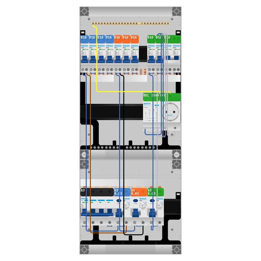 Groepenkast PV-ready 63A 3 fase 9 groepen + beltrafo + wcd + kookgroep