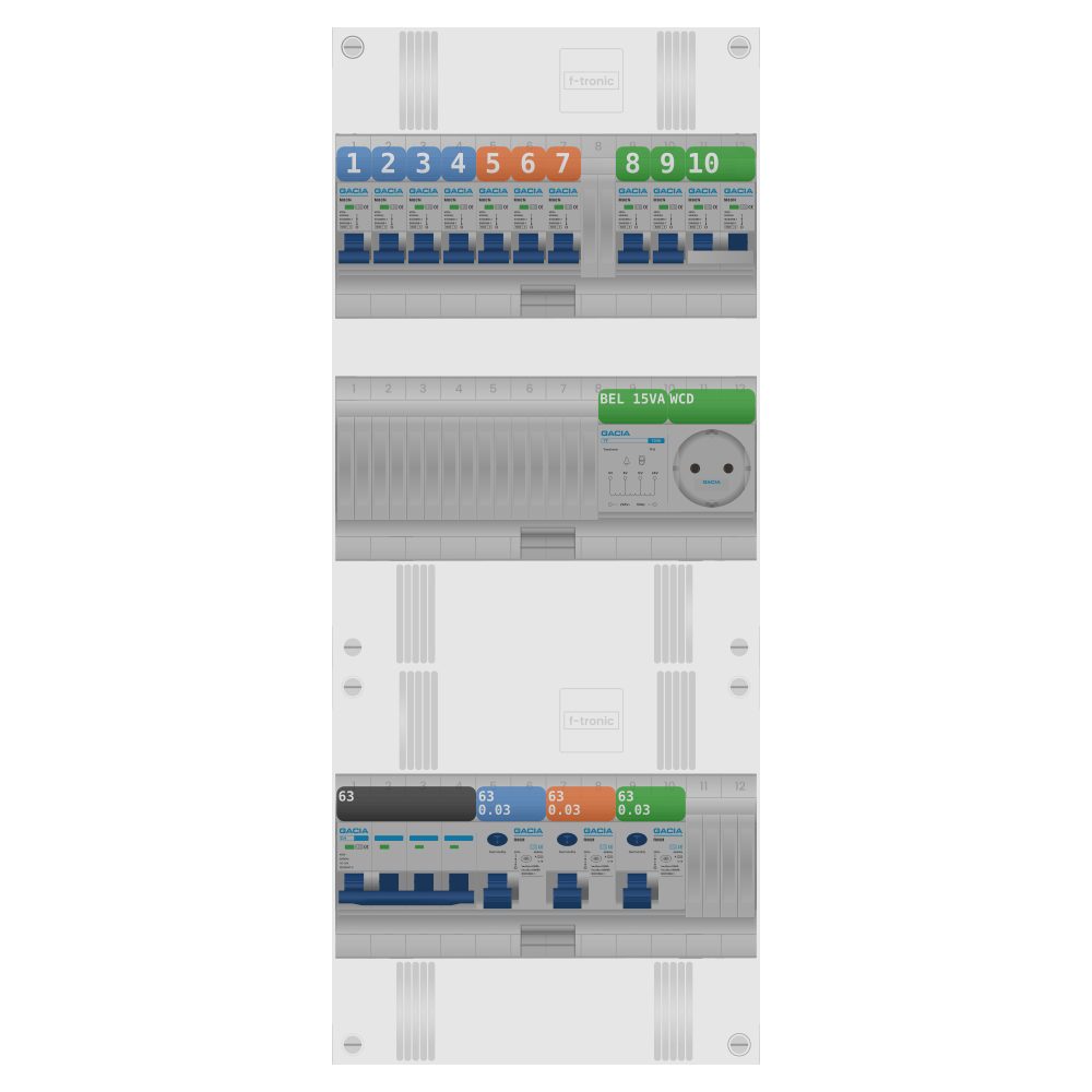 Groepenkast PV-ready 63A 3 fase 9 groepen + beltrafo + wcd + kookgroep