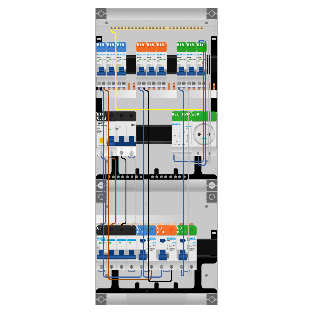 Groepenkast PV-ready 63A 3 fase 9 groepen + beltrafo + wcd + kracht