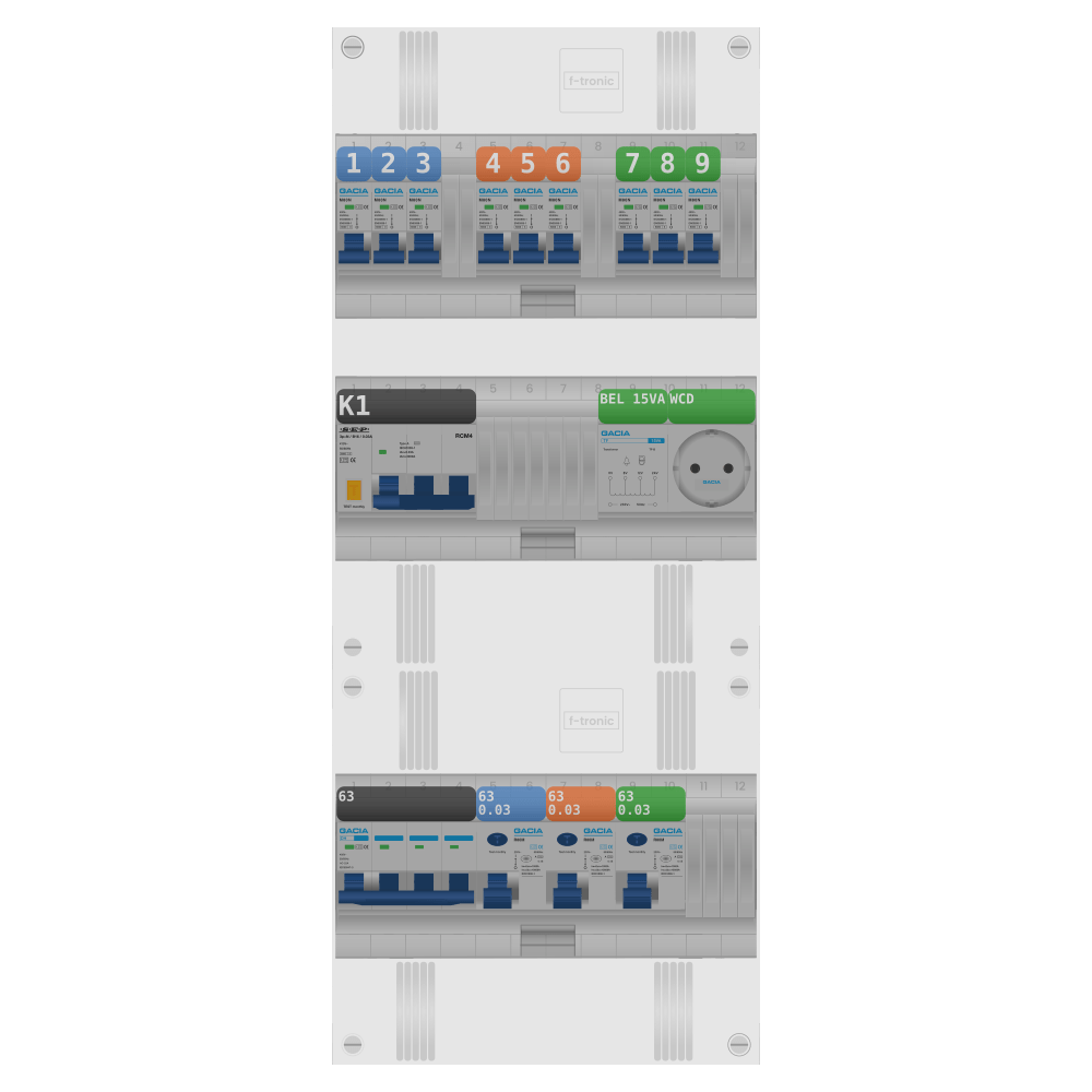 Groepenkast PV-ready 63A 3 fase 9 groepen + beltrafo + wcd + kracht