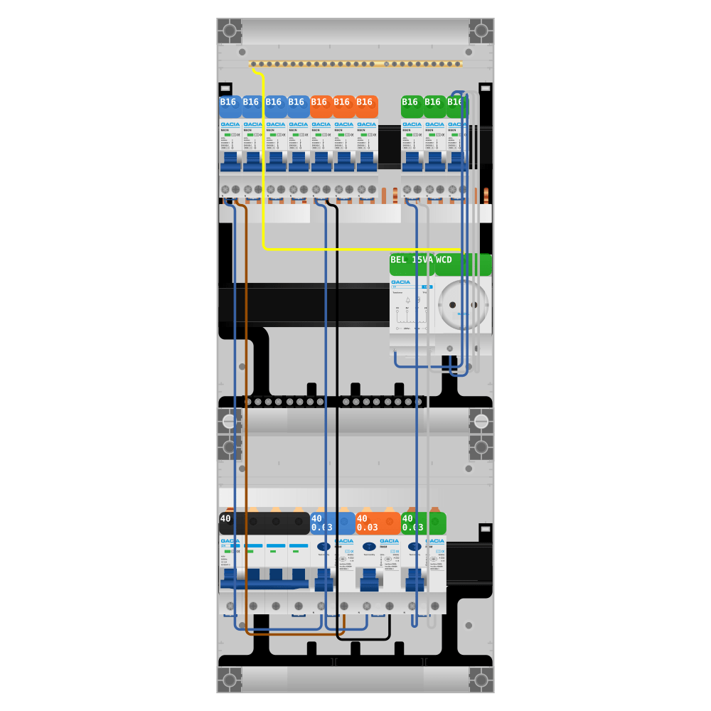 Groepenkast PV-ready 63A 3 fase 10 groepen + beltrafo + wcd