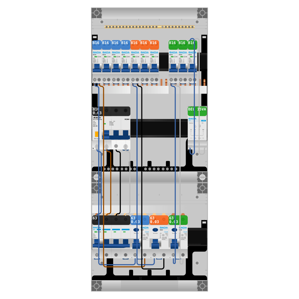 Groepenkast PV-ready 63A 3 fase 10 groepen + beltrafo + kracht