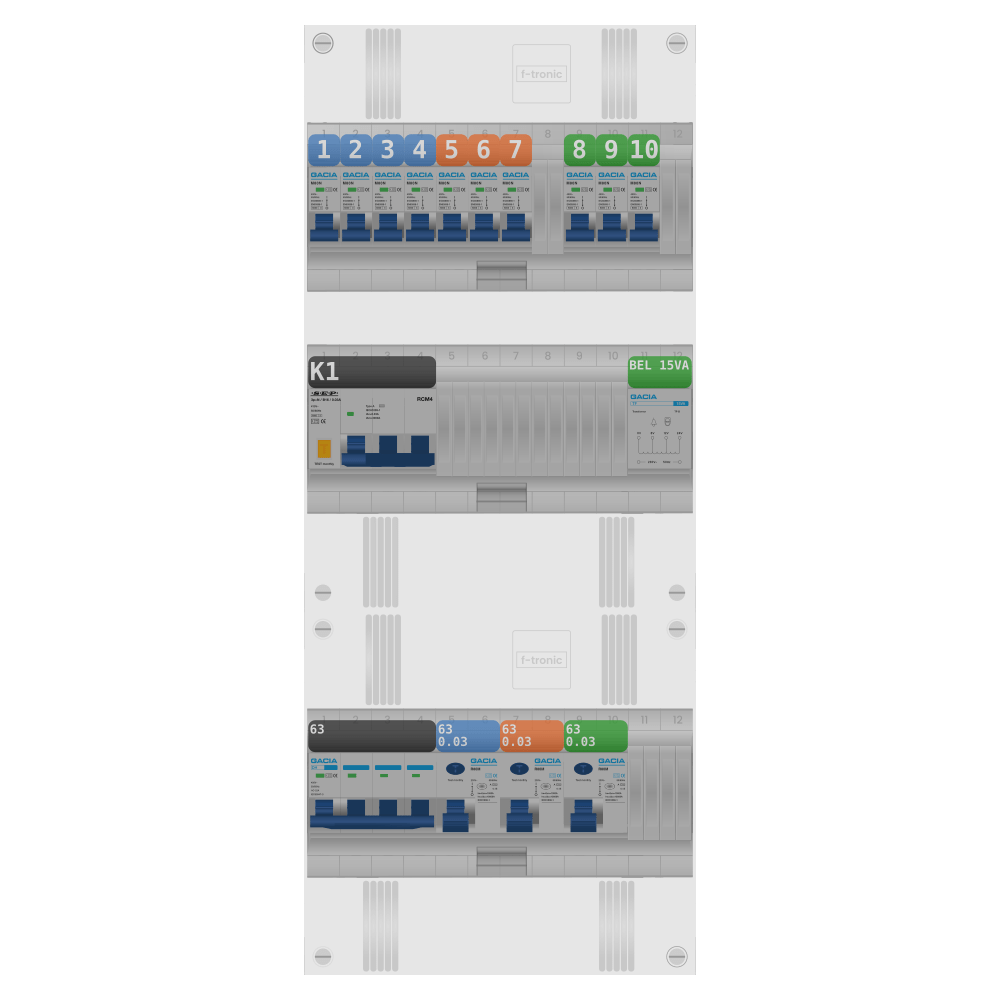 Groepenkast PV-ready 63A 3 fase 10 groepen + beltrafo + kracht