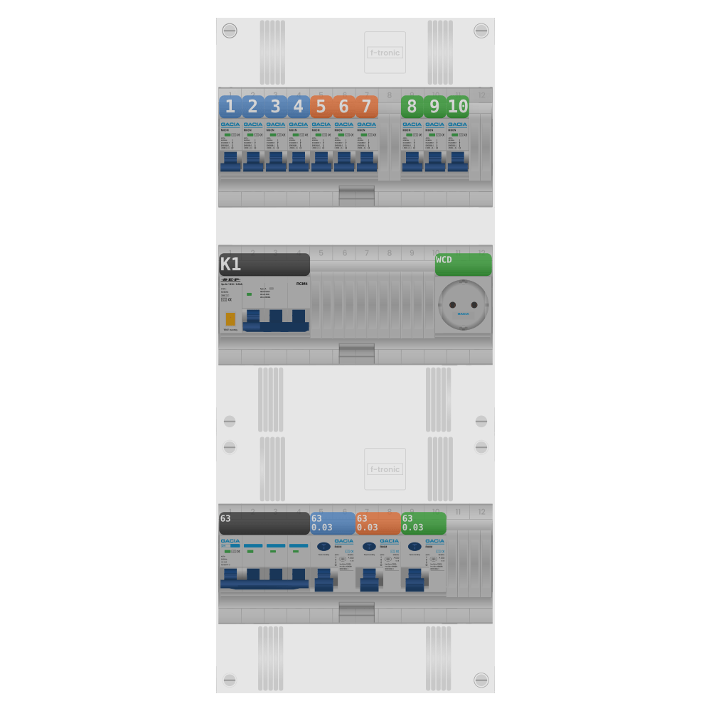 Groepenkast PV-ready 63A 3 fase 10 groepen + wcd + kracht
