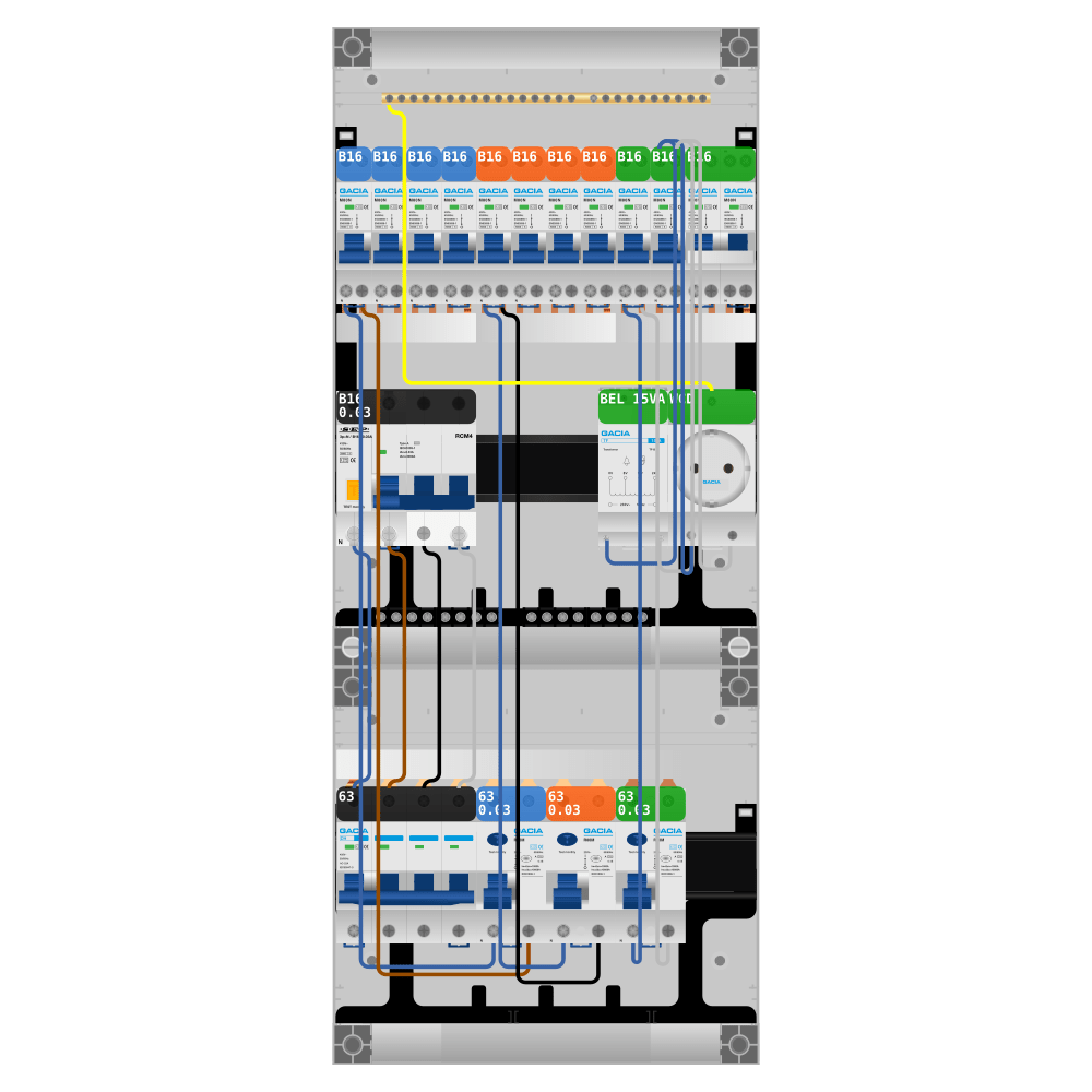 Groepenkast PV-ready 63A 3 fase 10 groepen + beltrafo + wcd + kookgroep + kracht