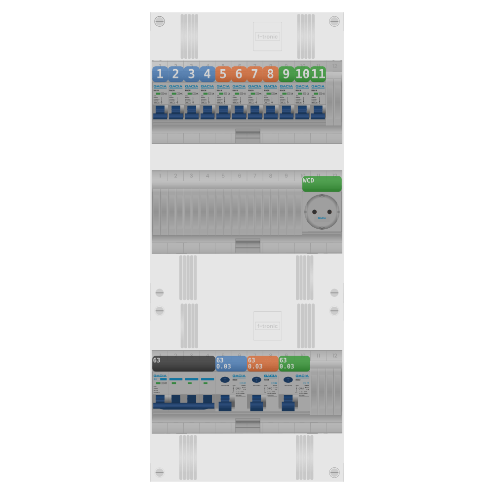 Groepenkast PV-ready 63A 3 fase 11 groepen + wcd