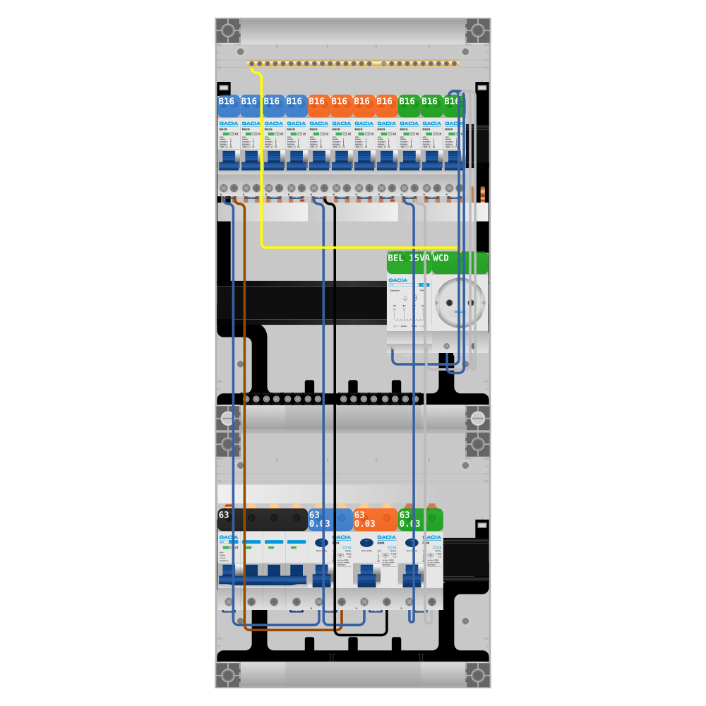 Groepenkast PV-ready 63A 3 fase 11 groepen + beltrafo + wcd