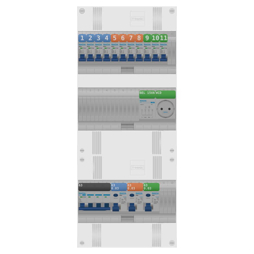 Groepenkast PV-ready 63A 3 fase 11 groepen + beltrafo + wcd