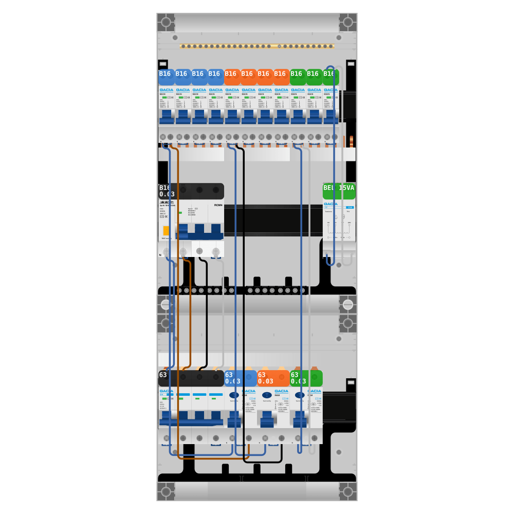 Groepenkast PV-ready 63A 3 fase 11 groepen + beltrafo + kracht