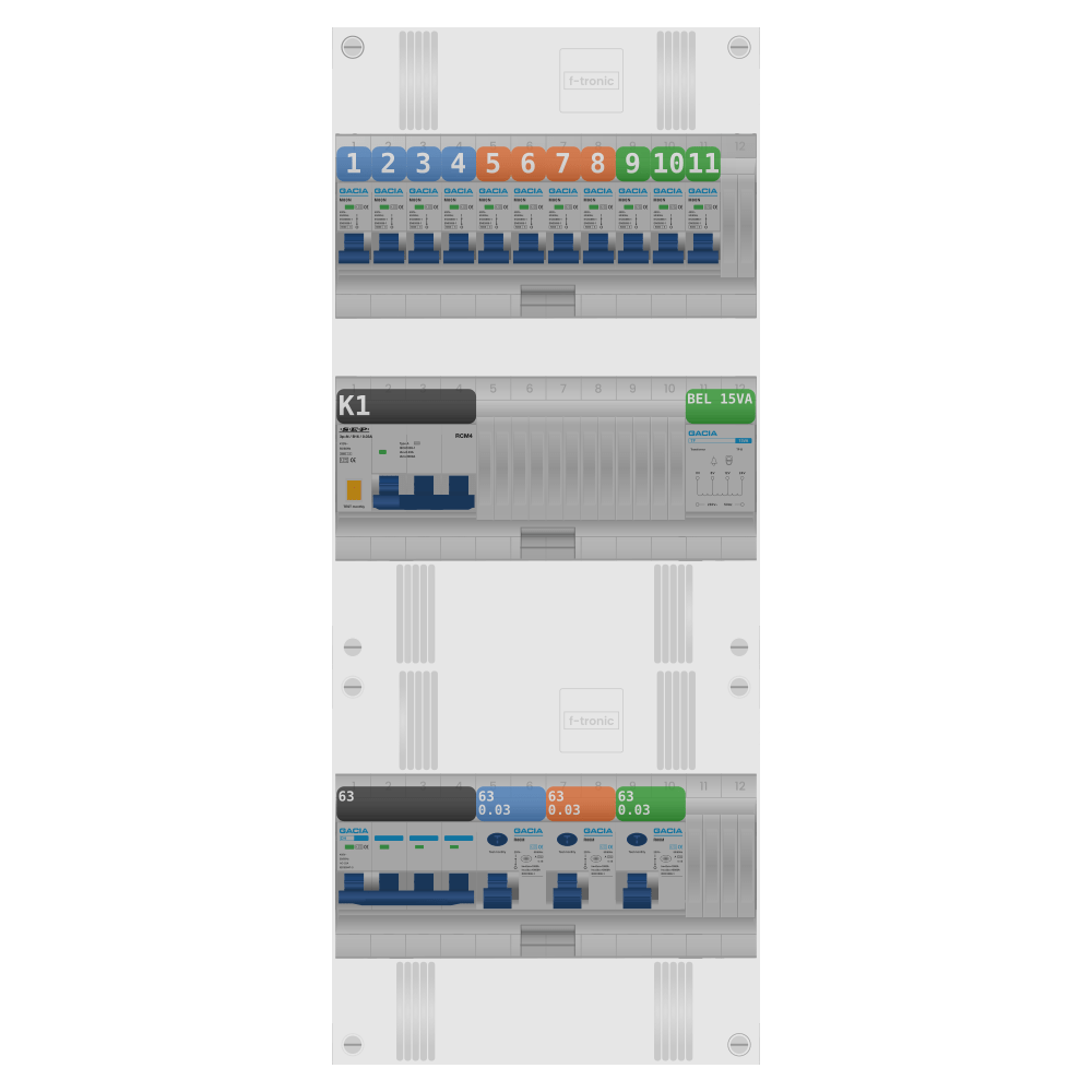 Groepenkast PV-ready 63A 3 fase 11 groepen + beltrafo + kracht
