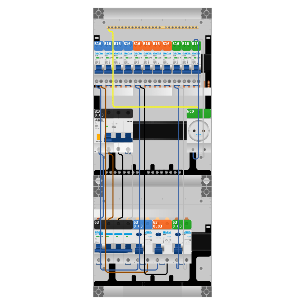 Groepenkast PV-ready 63A 3 fase 11 groepen + wcd + kracht