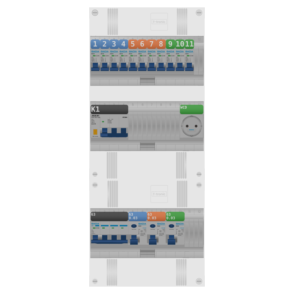Groepenkast PV-ready 63A 3 fase 11 groepen + wcd + kracht