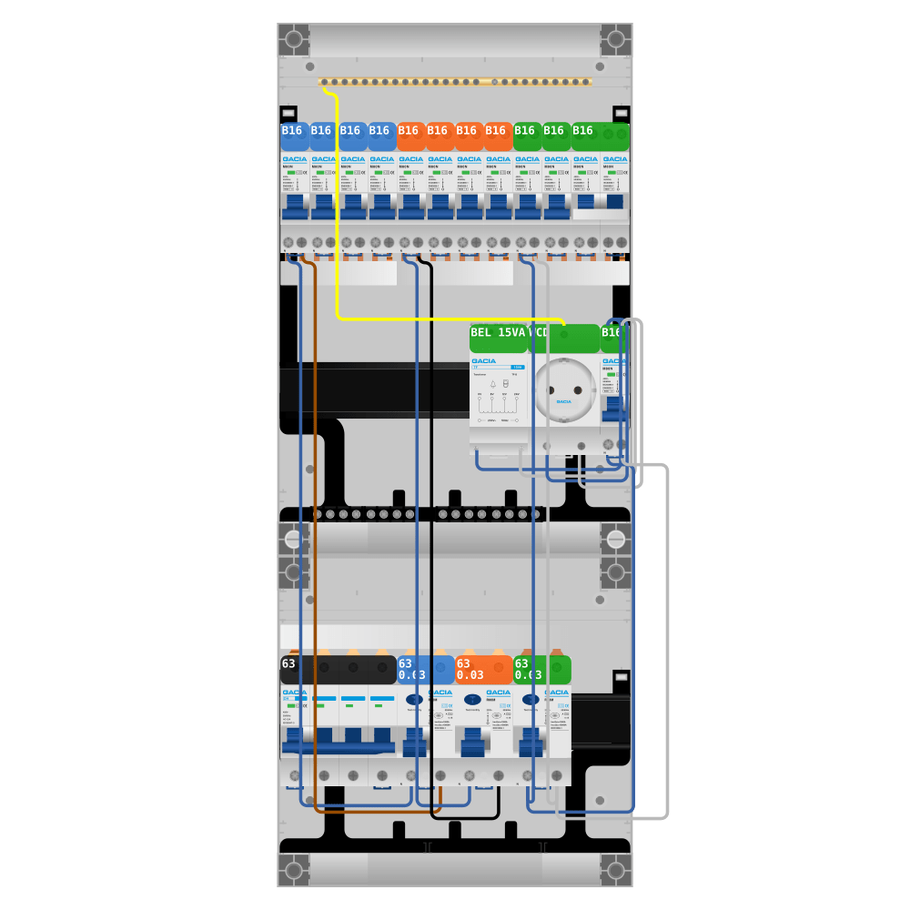 Groepenkast PV-ready 63A 3 fase 11 groepen + beltrafo + wcd + kookgroep