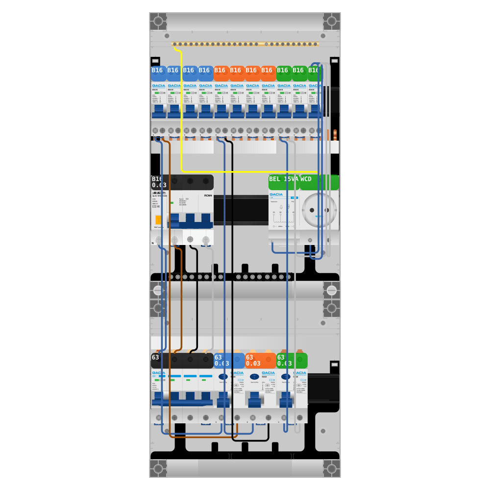 Groepenkast PV-ready 63A 3 fase 11 groepen + beltrafo + wcd + kracht