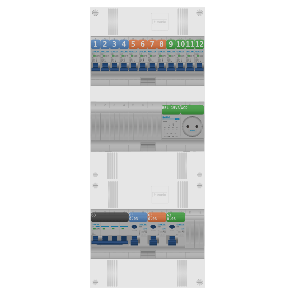 Groepenkast PV-ready 63A 3 fase 12 groepen + beltrafo + wcd