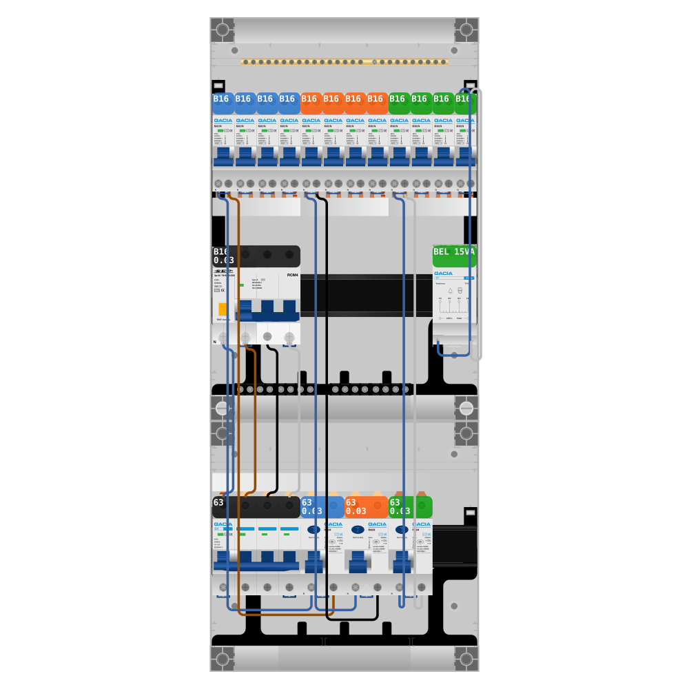 Groepenkast PV-ready 63A 3 fase 12 groepen + beltrafo + kracht