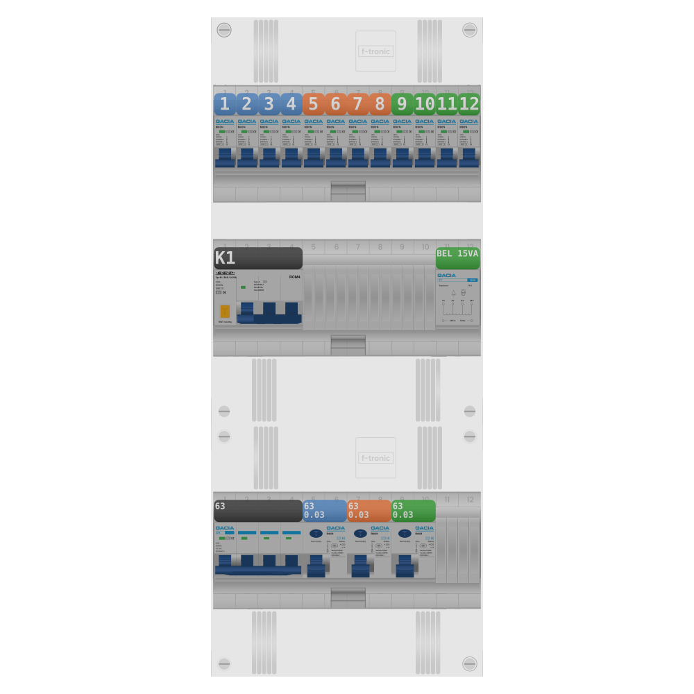 Groepenkast PV-ready 63A 3 fase 12 groepen + beltrafo + kracht