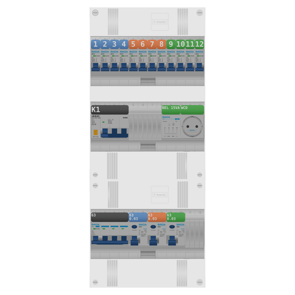 Groepenkast PV-ready 63A 3 fase 12 groepen + beltrafo + wcd + kracht