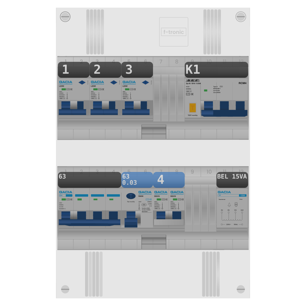Groepenkast PV-ready 63A 3 fase 3 alamat + beltrafo + kookgroep + kracht