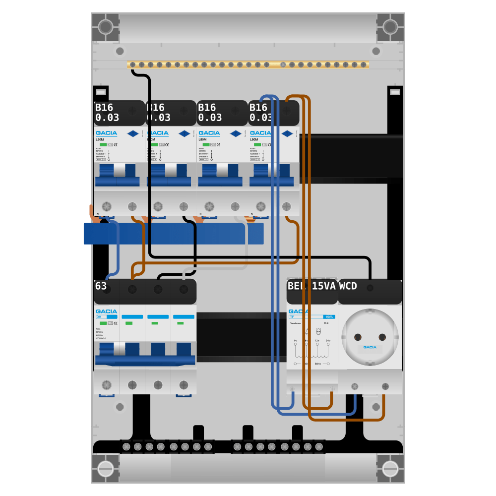 Groepenkast PV-ready 63A 3 fase 4 alamat + beltrafo + wcd