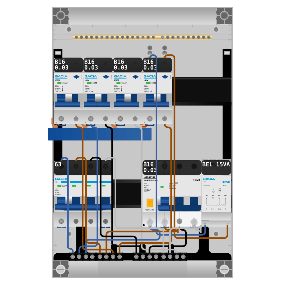 Groepenkast PV-ready 63A 3 fase 4 alamat + beltrafo + kracht