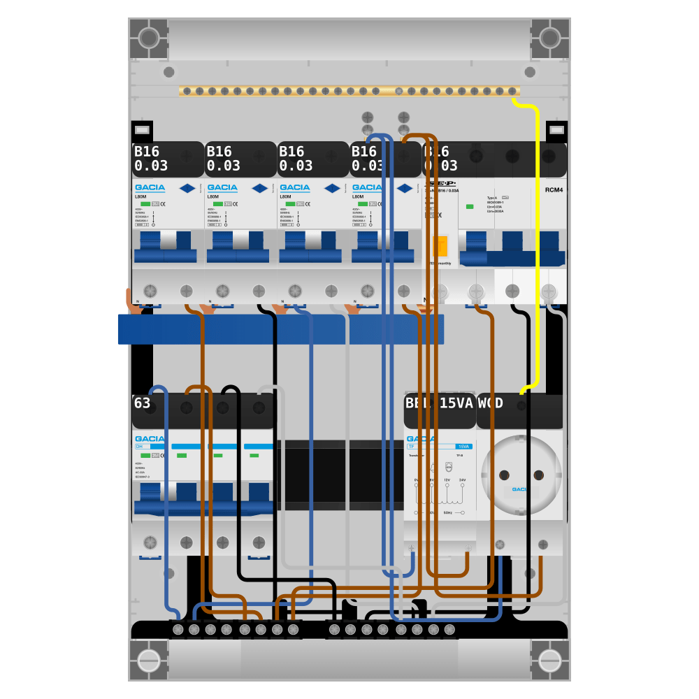 Groepenkast PV-ready 63A 3 fase 4 alamat + beltrafo + wcd + kracht