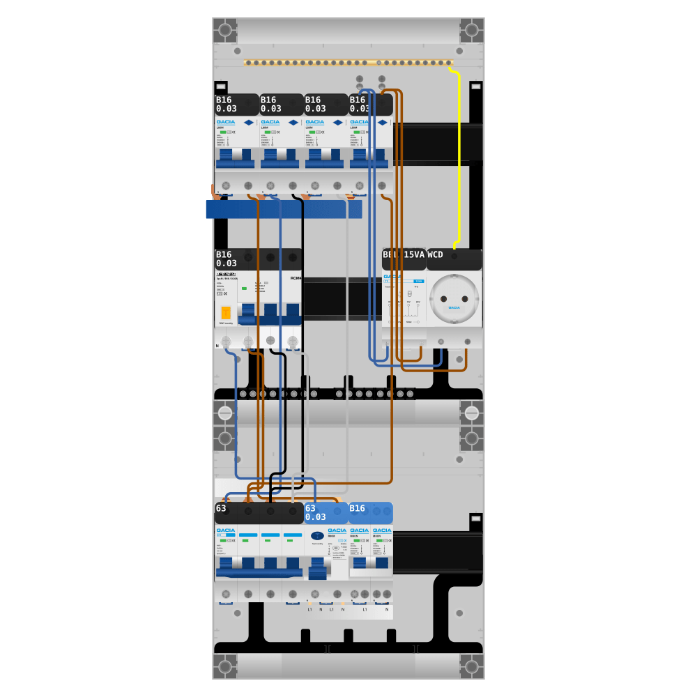Groepenkast PV-ready 63A 3 fase 4 alamat + beltrafo + wcd + kookgroep + kracht
