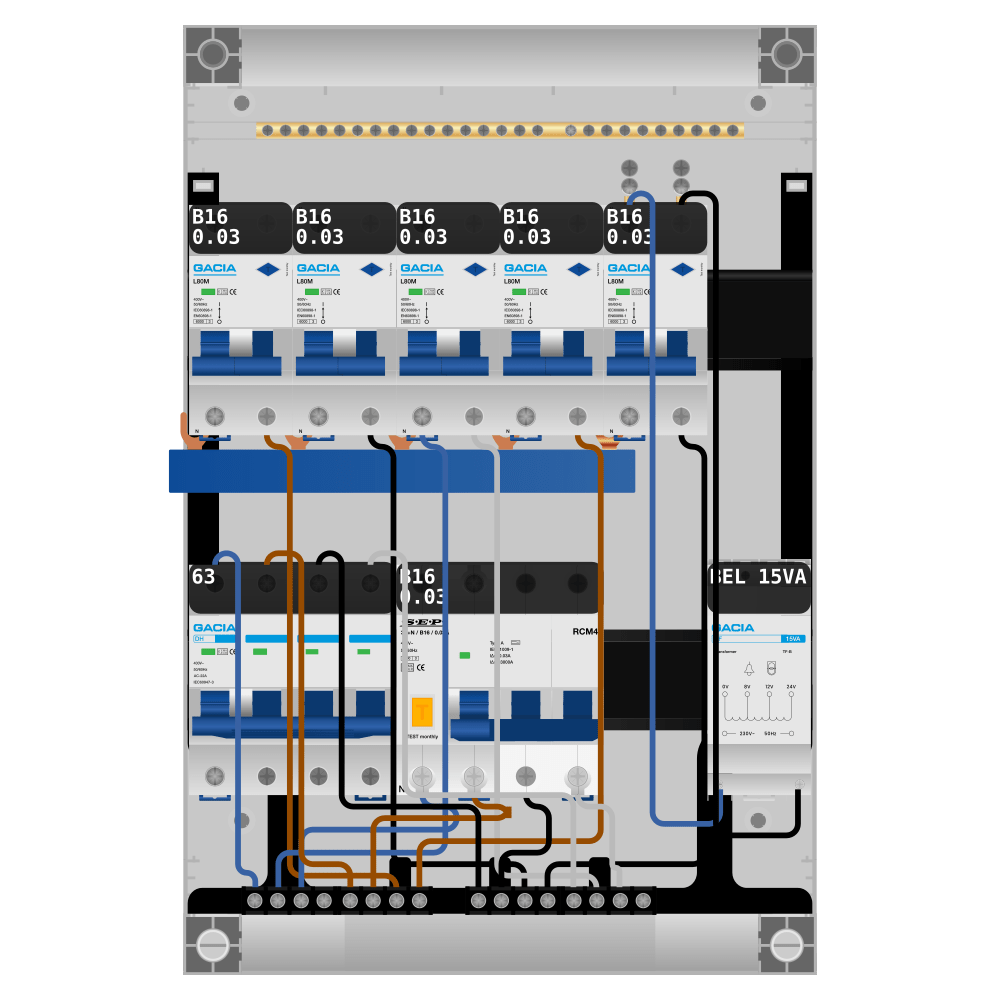 Groepenkast PV-ready 63A 3 fase 5 alamat + beltrafo + kracht