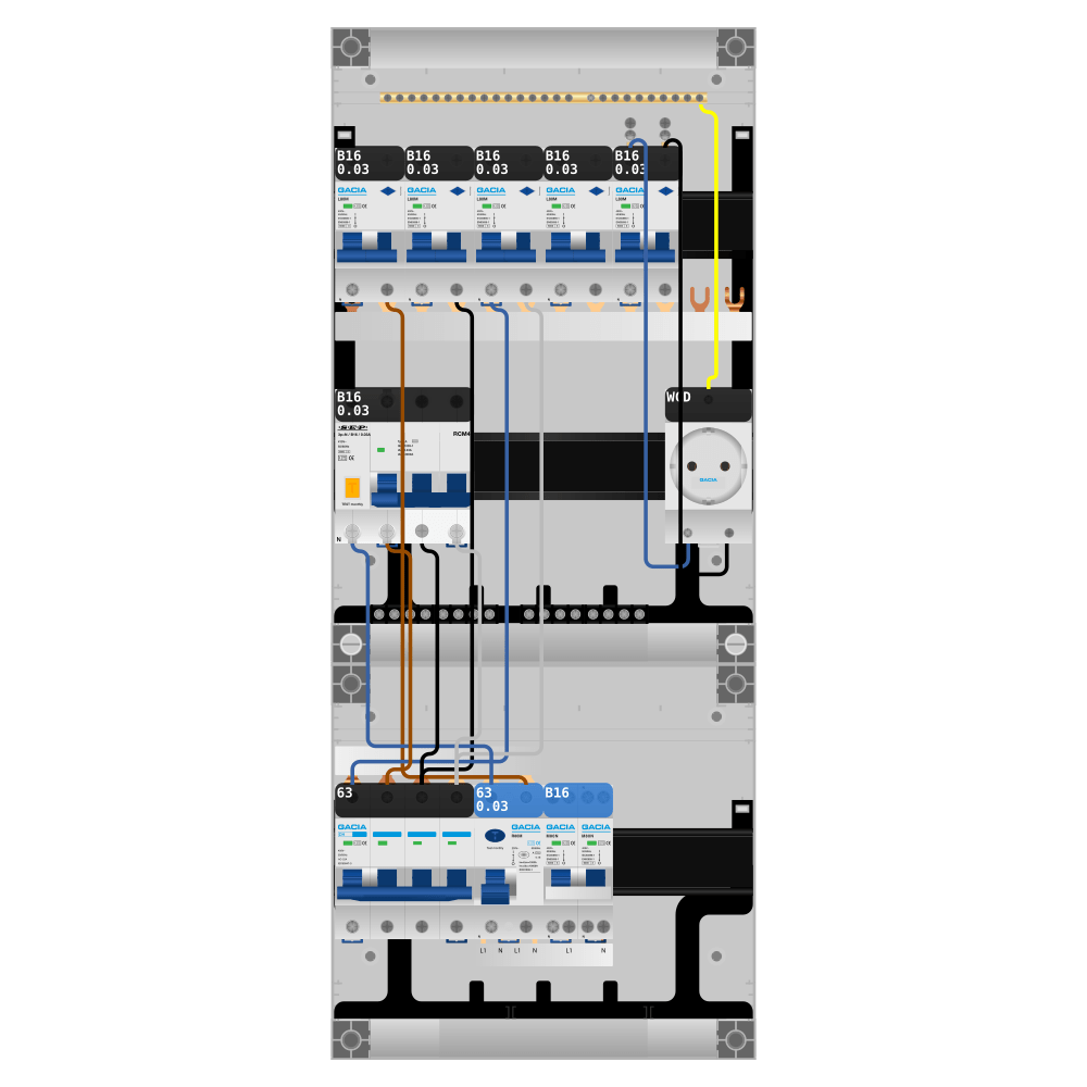 Groepenkast PV-ready 63A 3 fase 5 alamat + wcd + kookgroep + kracht