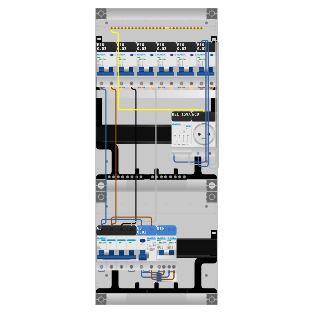 Groepenkast PV-ready 63A 3 fase 6 alamat + beltrafo + wcd + kookgroep