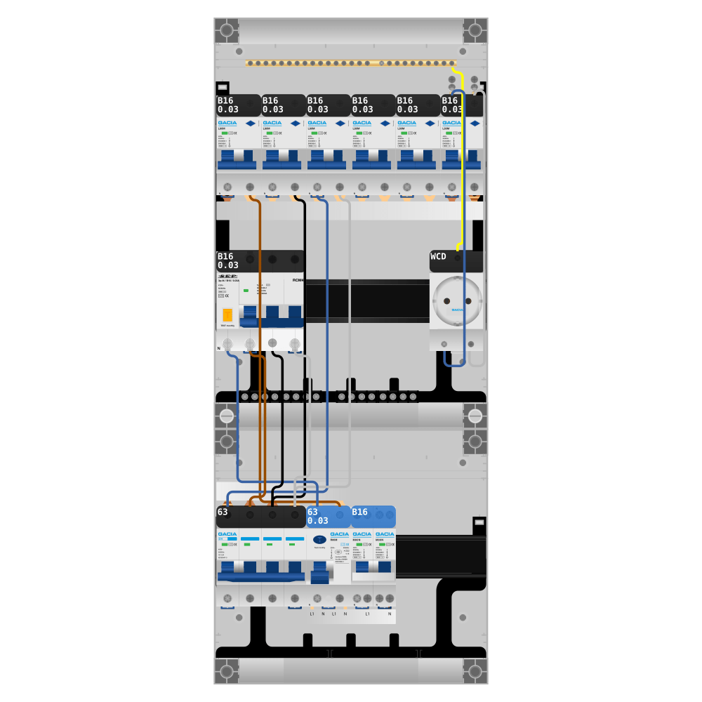 Groepenkast PV-ready 63A 3 fase 6 alamat + wcd + kookgroep + kracht