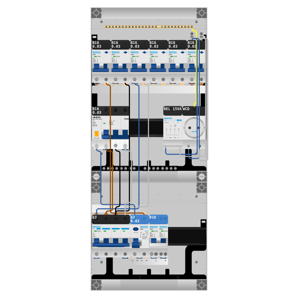 Groepenkast PV-ready 63A 3 fase 6 alamat + beltrafo + wcd + kookgroep + kracht