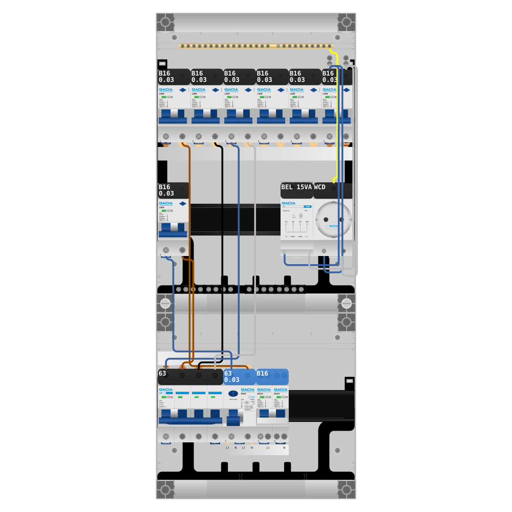 Groepenkast PV-ready 63A 3 fase 7 alamat + beltrafo + wcd + kookgroep