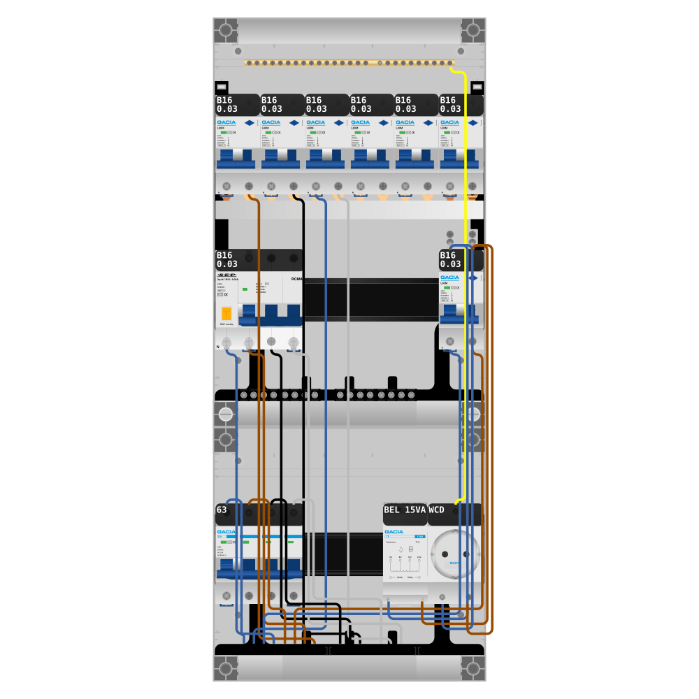 Groepenkast PV-ready 63A 3 fase 7 alamat + beltrafo + wcd + kracht