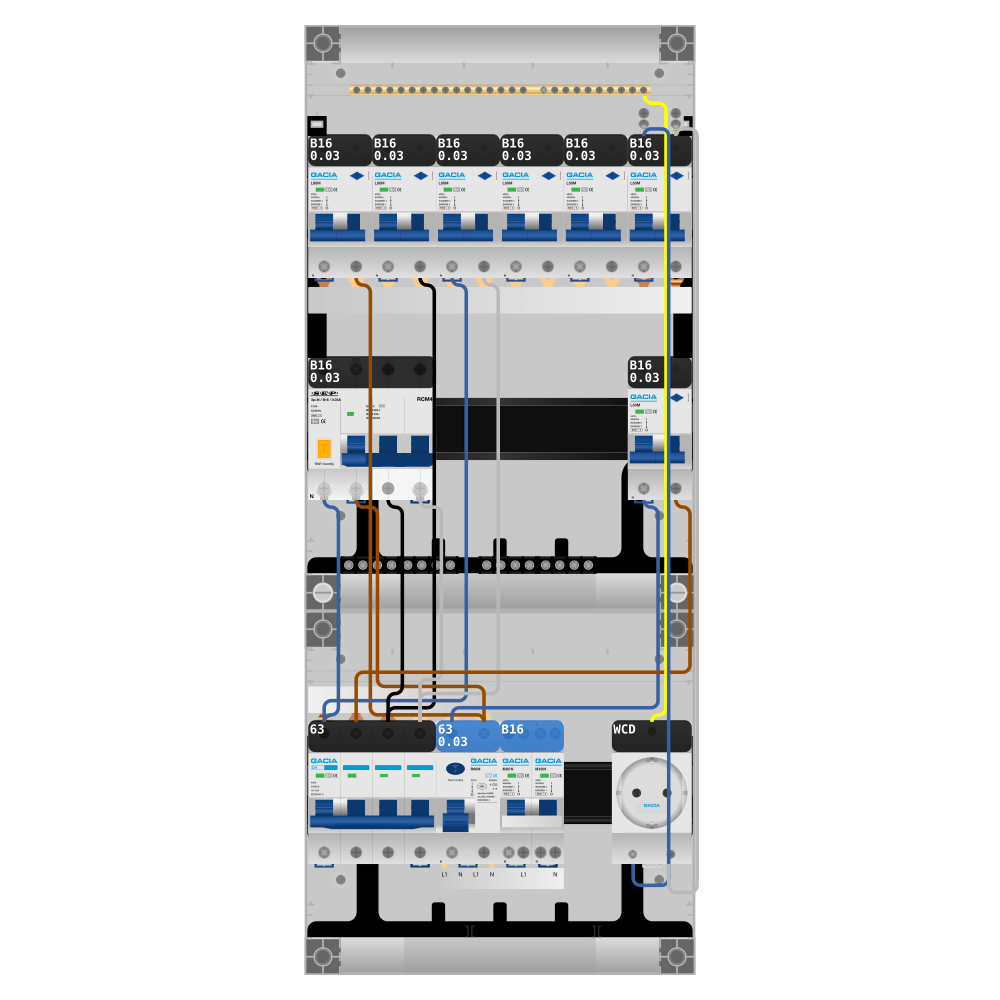 Groepenkast PV-ready 63A 3 fase 7 alamat + wcd + kookgroep + kracht